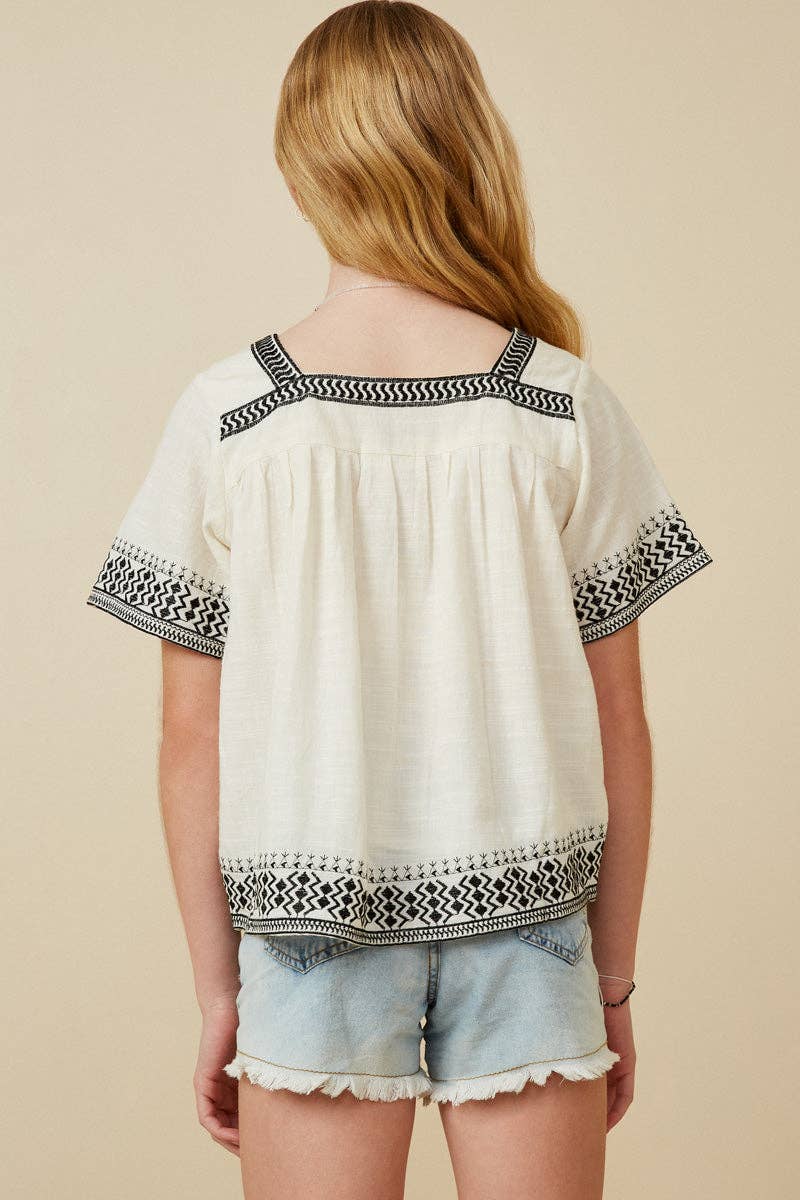 Girls Cotton Slub Textured Embroidered Square Neck Top