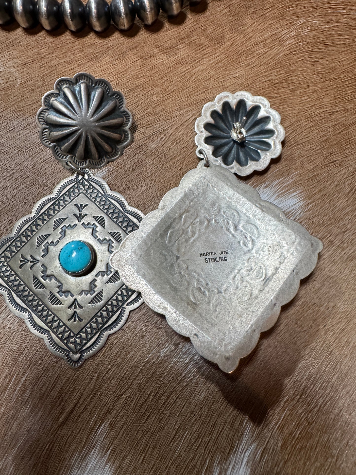 Stamped Concho and Turquoise Earrings