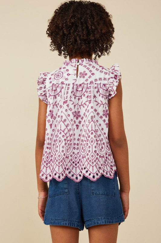 Girls Eyelet Embroidered Ruffle Detail Scallop Hem