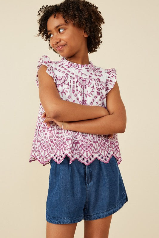 Girls Eyelet Embroidered Ruffle Detail Scallop Hem