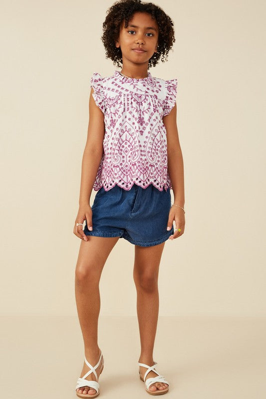 Girls Eyelet Embroidered Ruffle Detail Scallop Hem