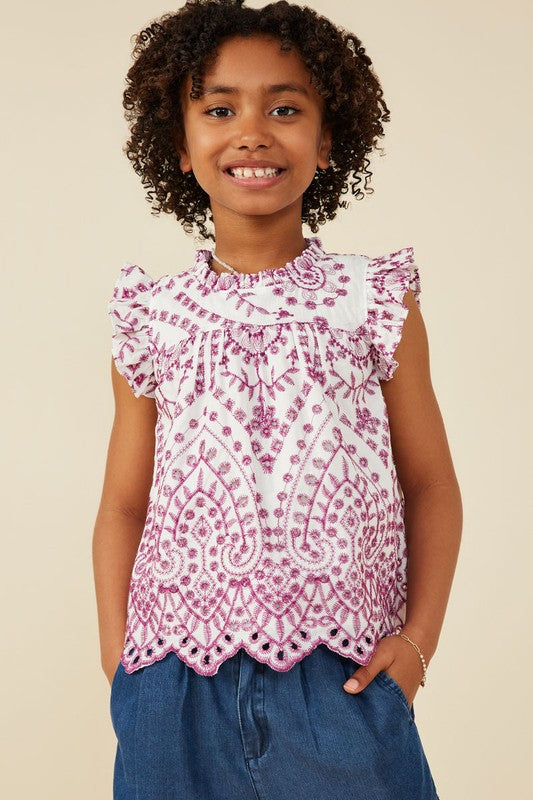 Girls Eyelet Embroidered Ruffle Detail Scallop Hem