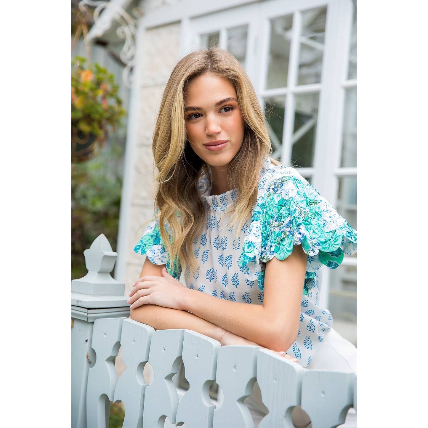 Quilted Detail Flutter Sleeve Print Top