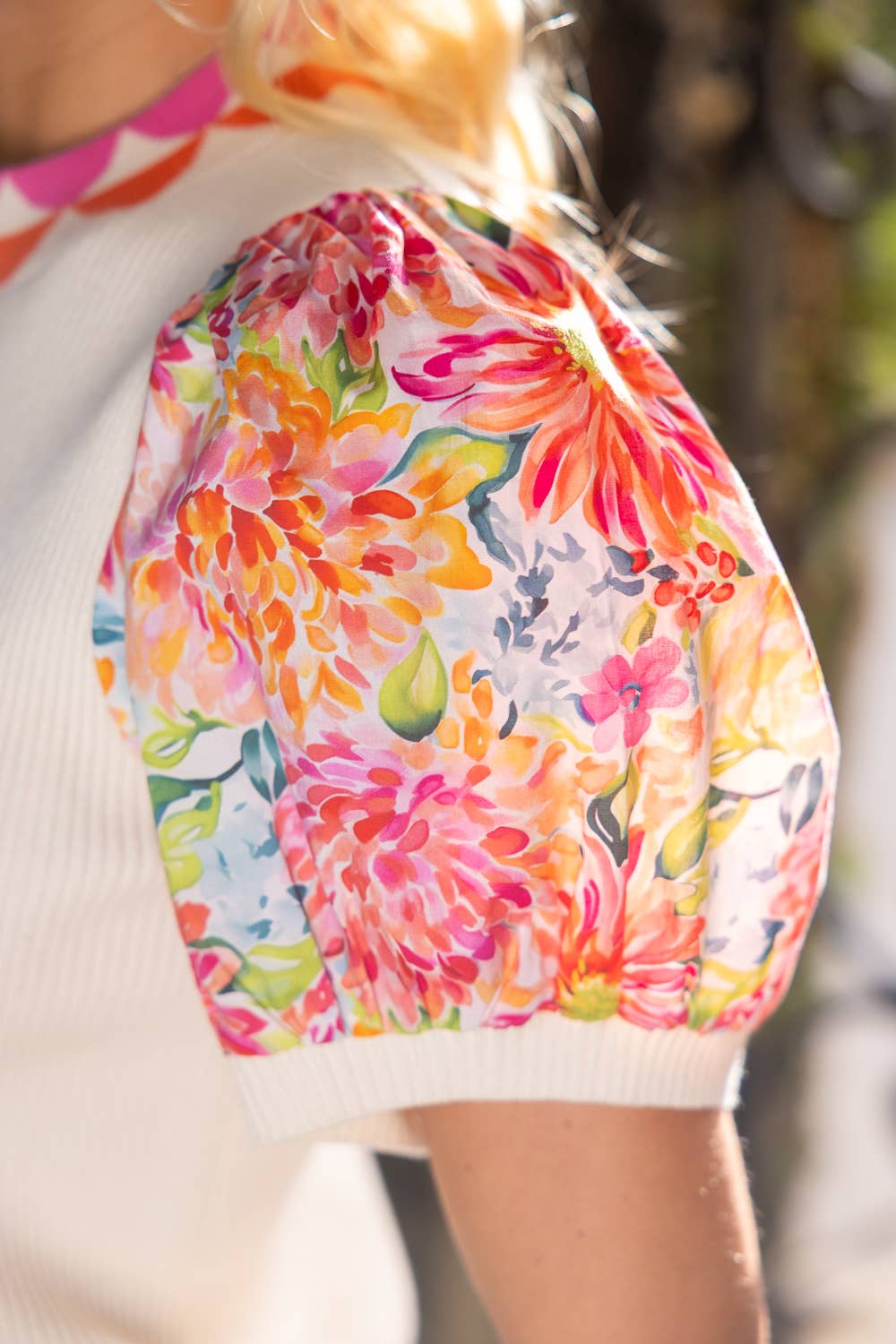 Barbie Girl Floral Contrast Sleeve Solid Ribbed Knit Top