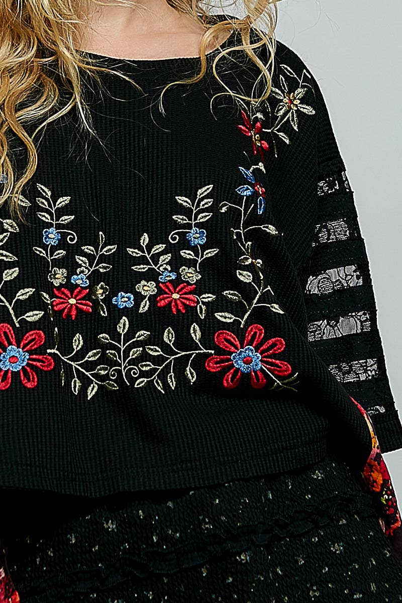 Boho Side Ruffle Detail Floral Embroidery Thermal Top