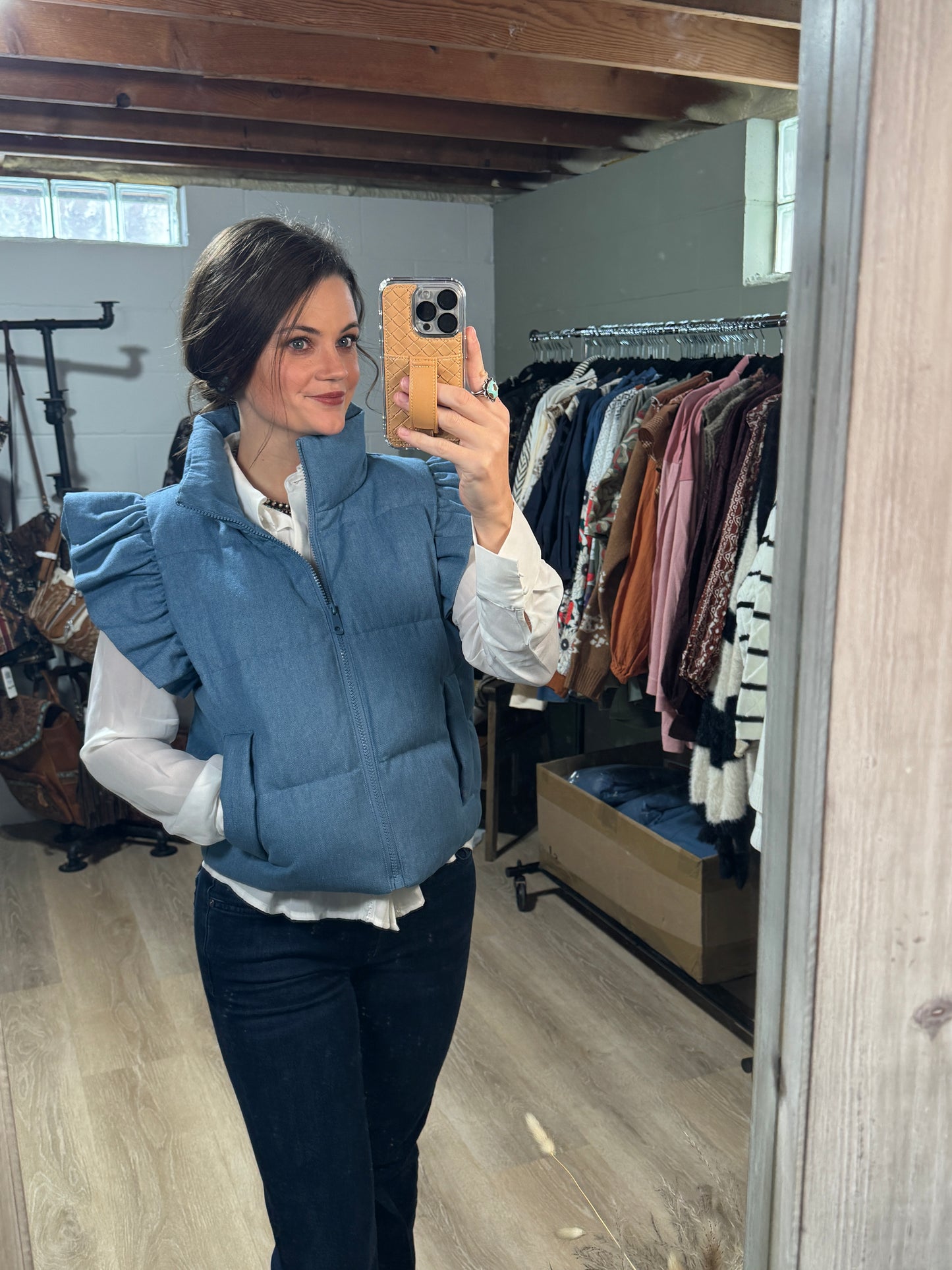 Extended Sizes - The Denim Dak Ruffle Trim Puffer Vest (1XL and 2xL)