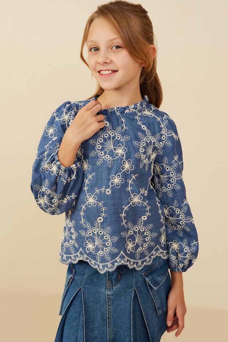 Girls Embroidered Scallop Hem Top