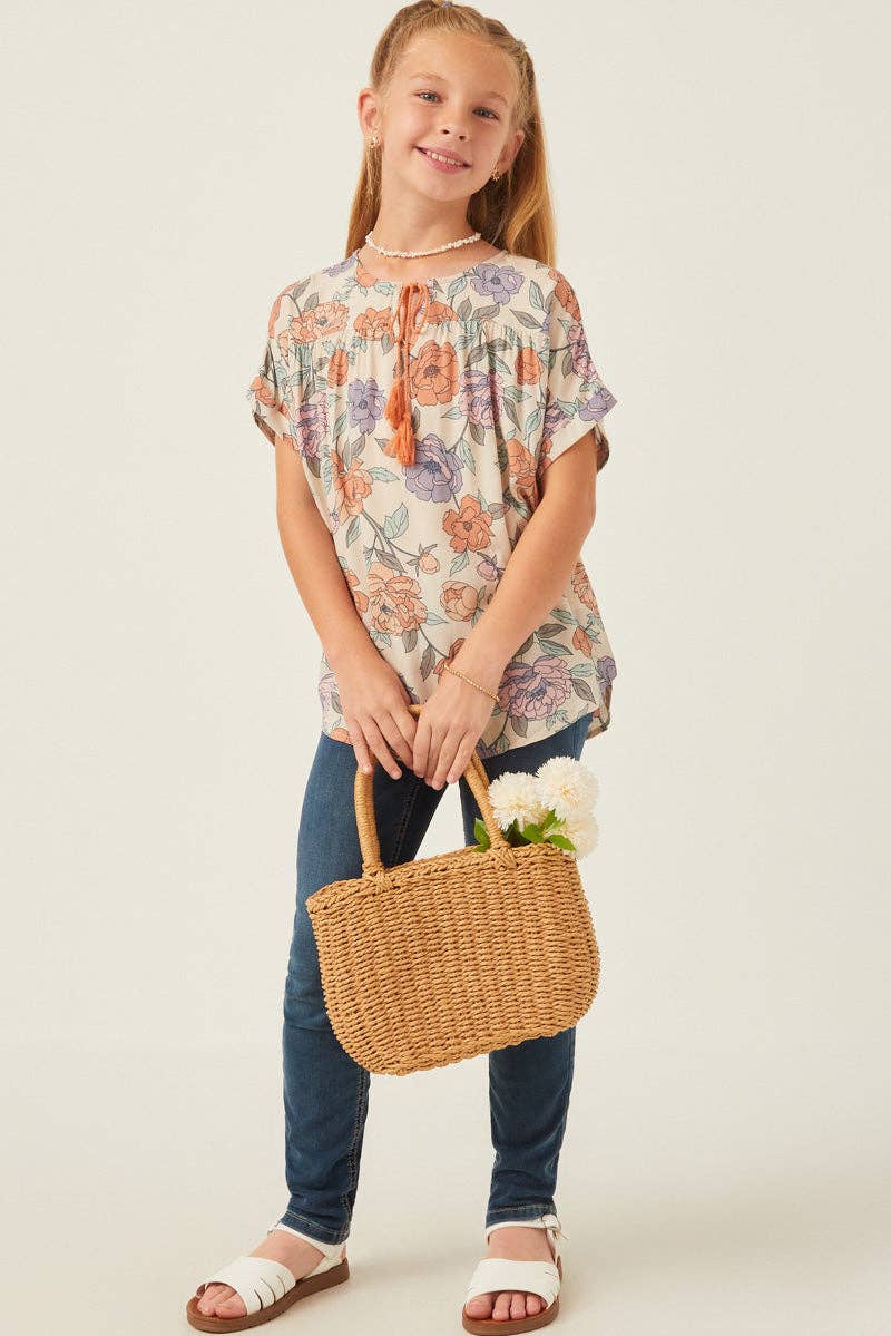 Girls Romantic Floral Tassled Short Sleeve Dolman