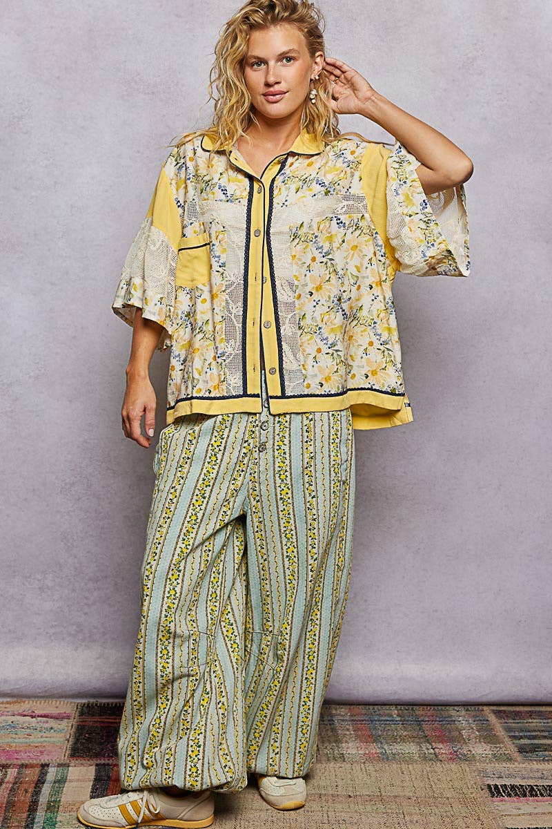 Short Sleeve Solid Floral Printed Button-Down Shirt Top