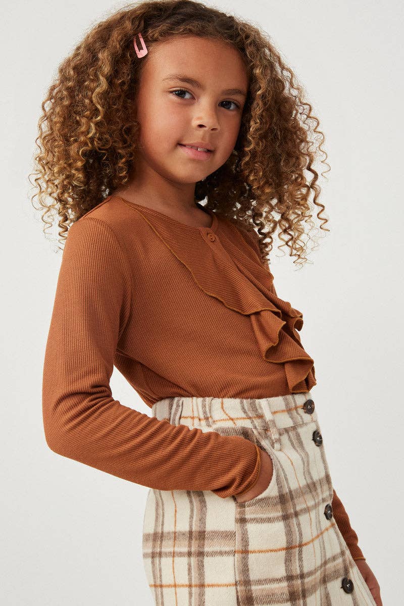 Girls Ruffle Front Buttoned Ribbed Knit Top