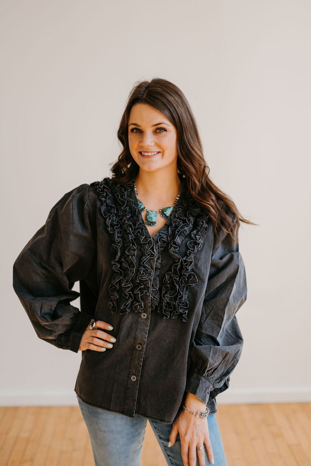 The Making a Statement Ruffle Button Down in Black