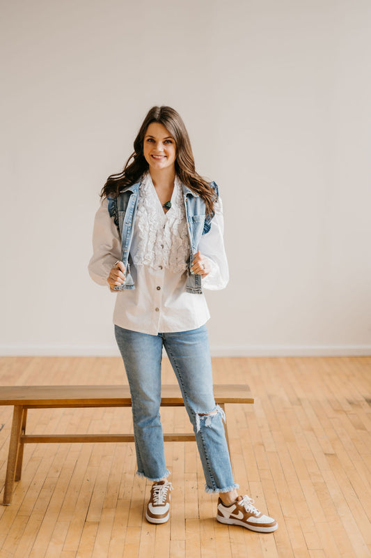 The Making a Statement Ruffle Button Down in White