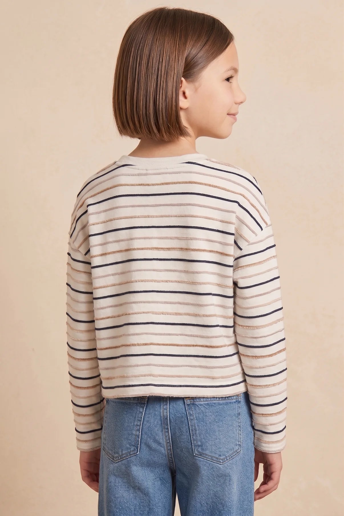 Girls Textured Stripe Drop Shoulder Long Sleeve Knit T Shirt