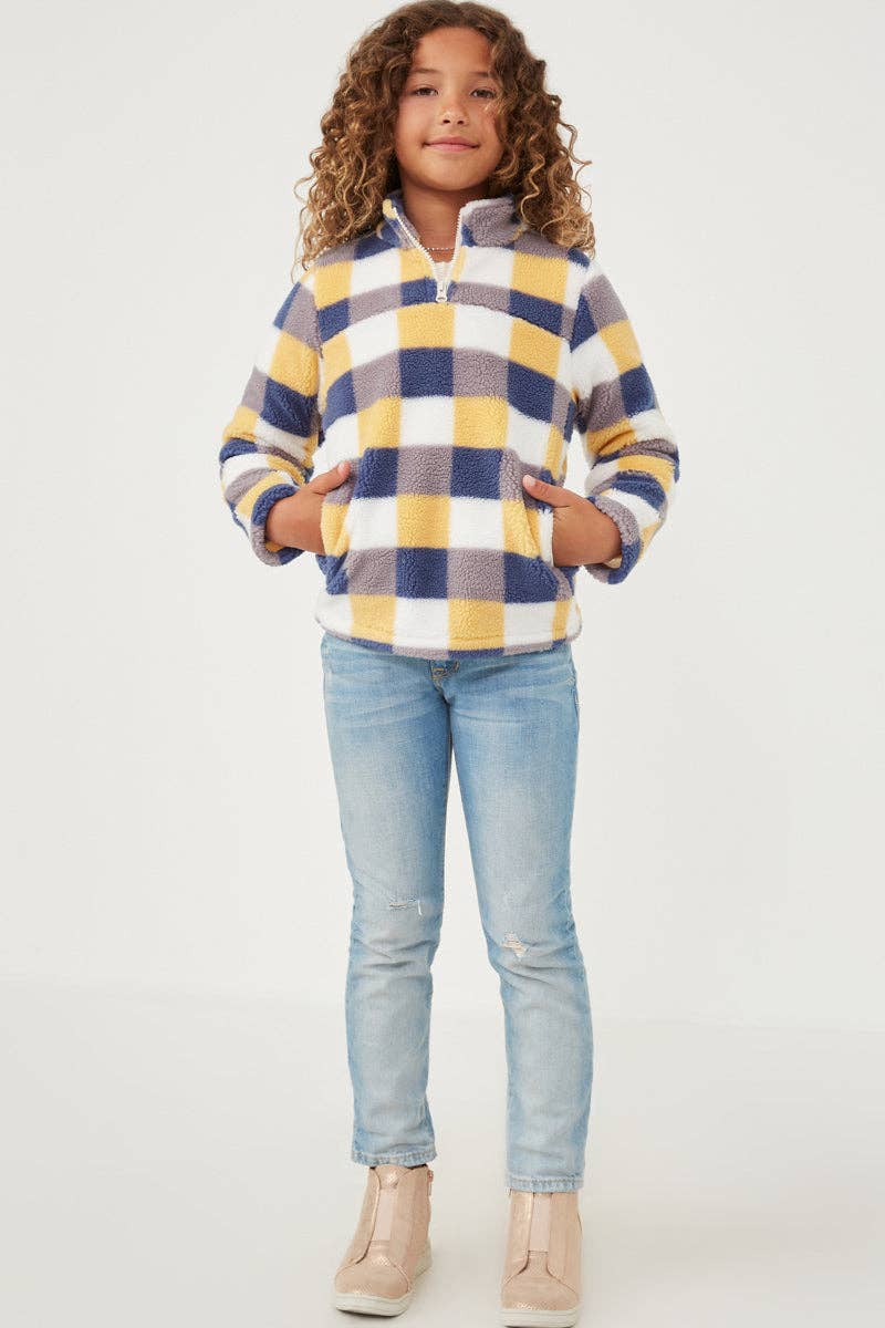Girls Zip Up Mock Neck Plaid Fleece Top