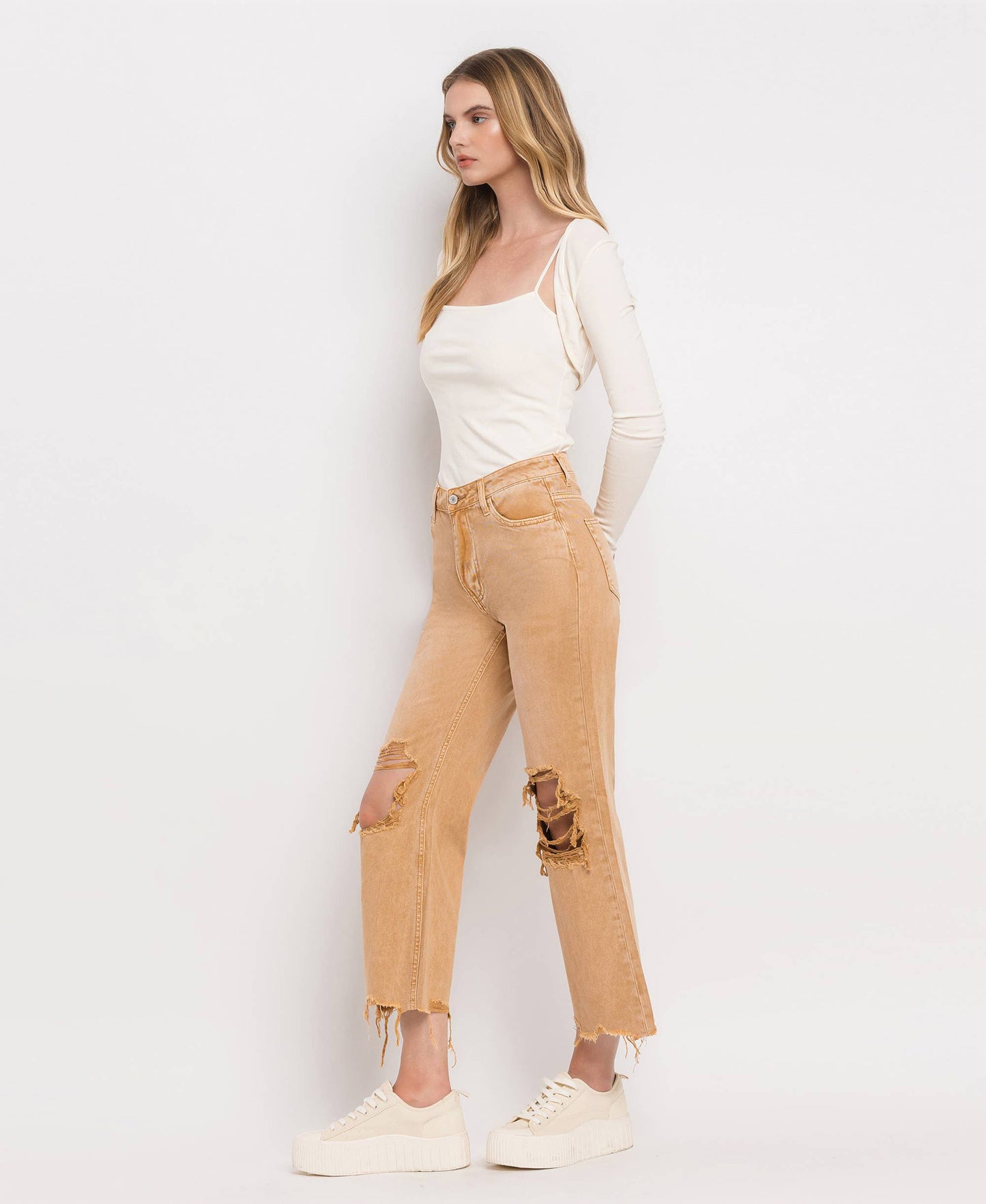 90'S VINTAGE SUPER HIGH RISE CROP FLARE JEANS IN GOLD