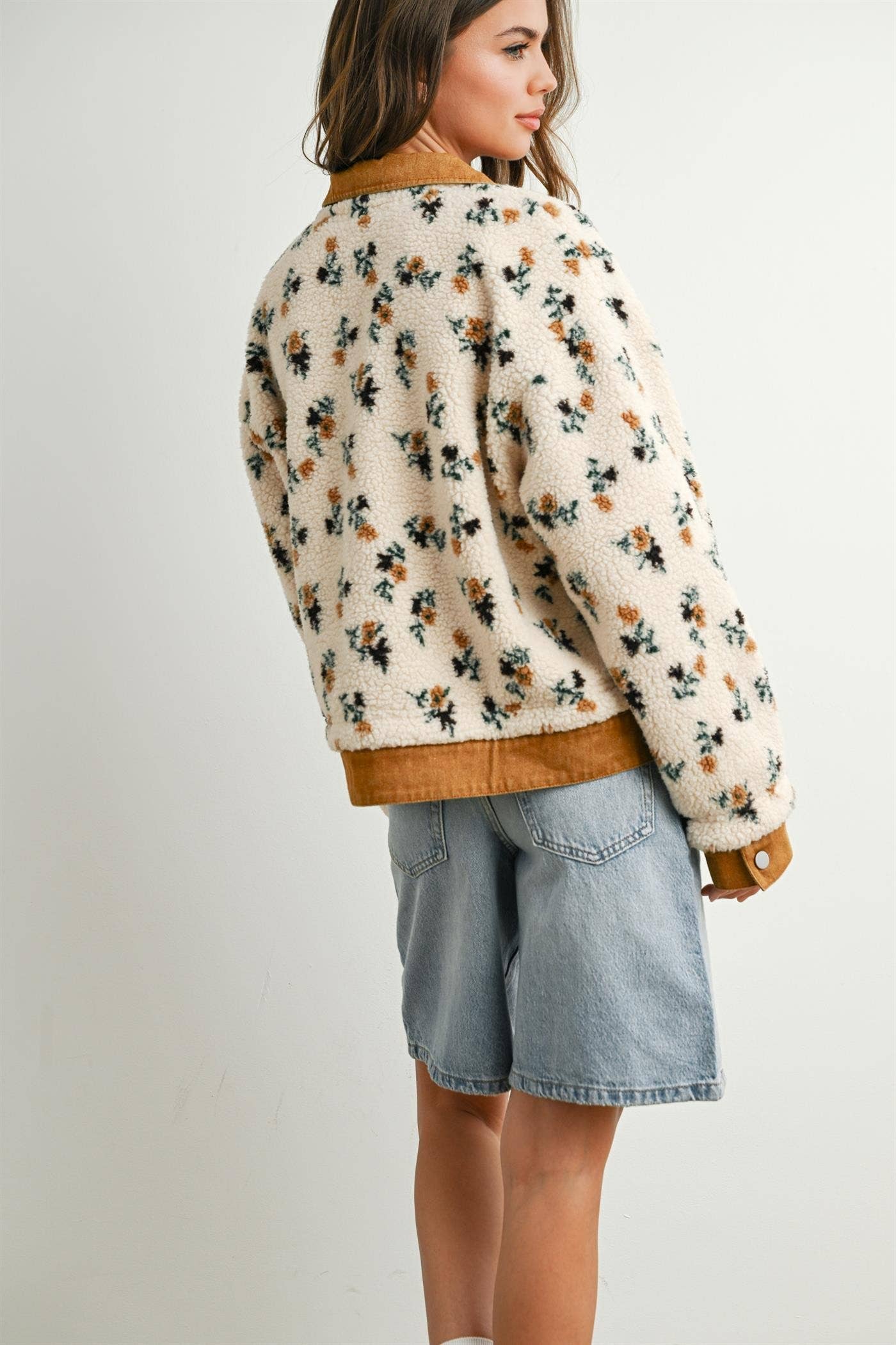 Floral Fleece Snap Jacket with Twill Trim