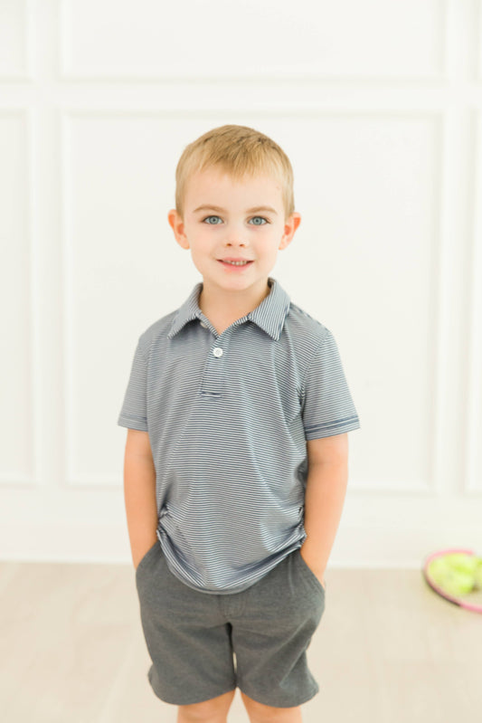Boys Navy Micro Stripe Knit Short Sleeve Performance Polo
