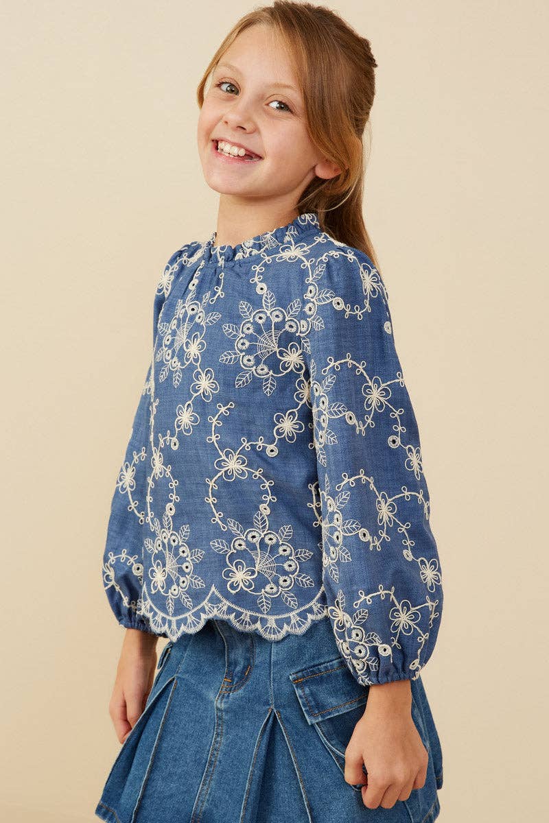 Girls Embroidered Scallop Hem Top