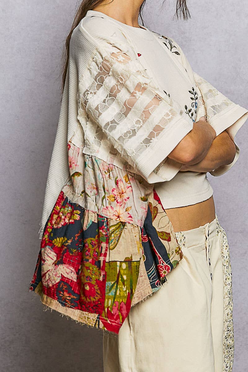 Boho Side Ruffle Detail Floral Embroidery Thermal Top