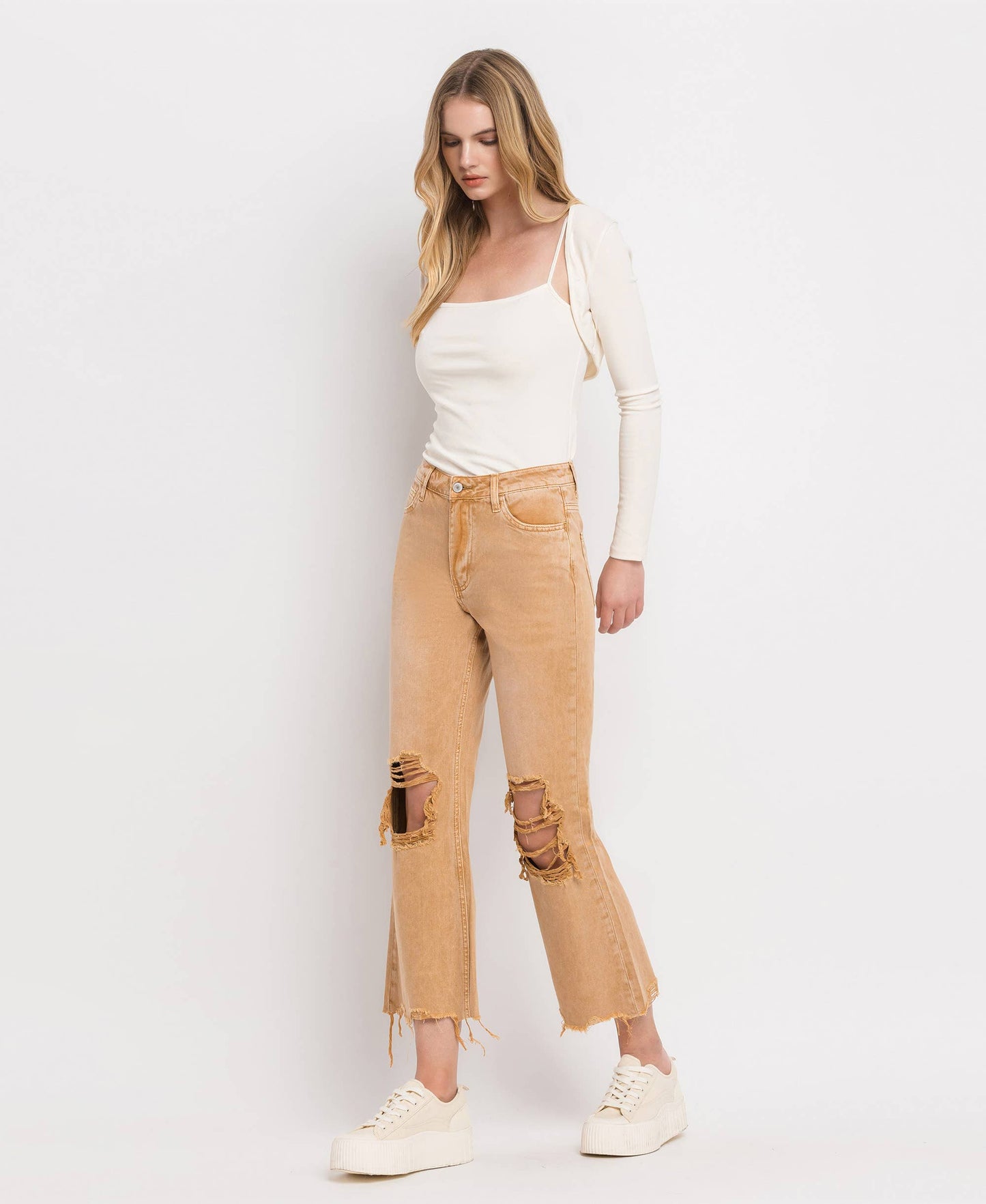 90'S VINTAGE SUPER HIGH RISE CROP FLARE JEANS IN GOLD