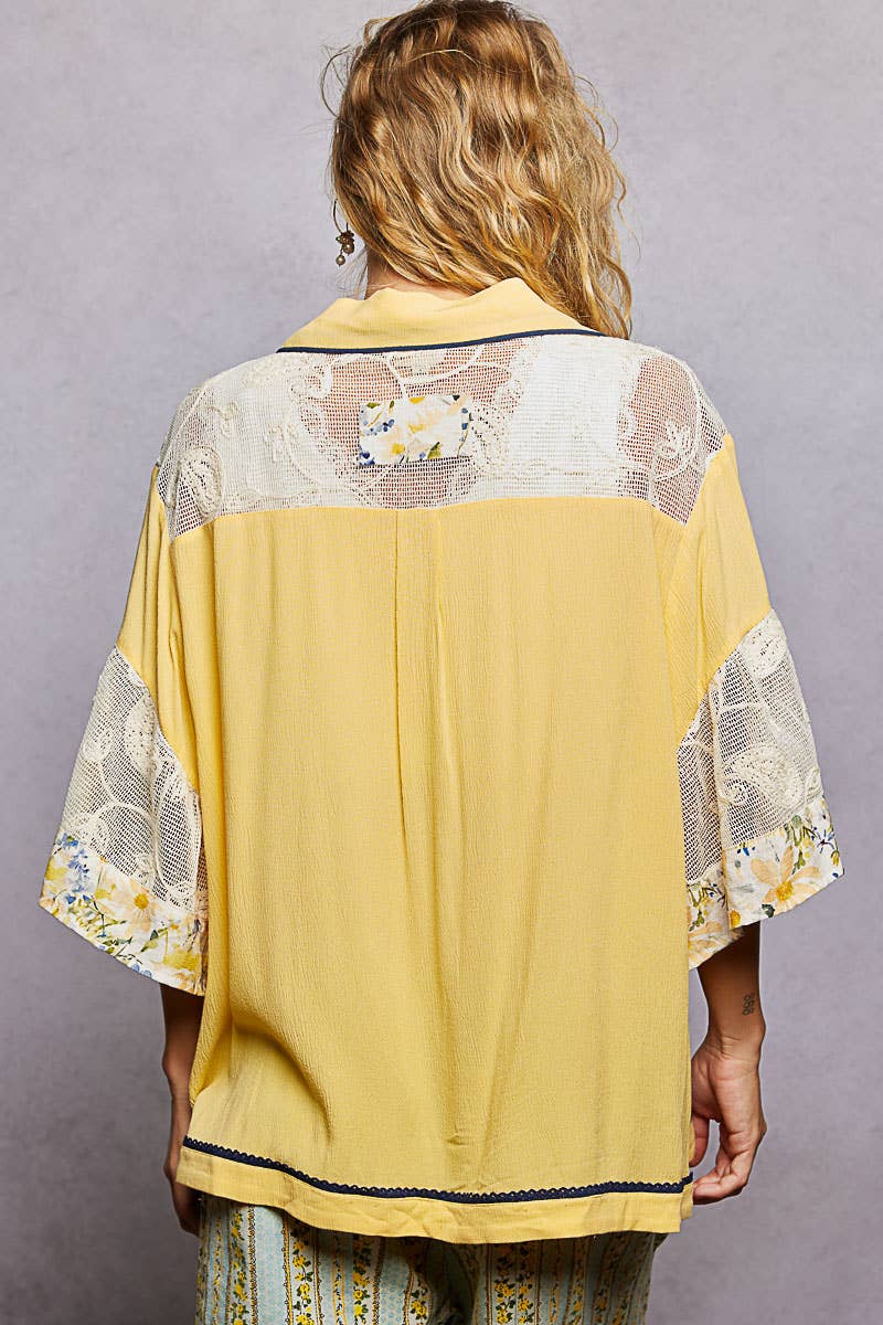 Short Sleeve Solid Floral Printed Button-Down Shirt Top