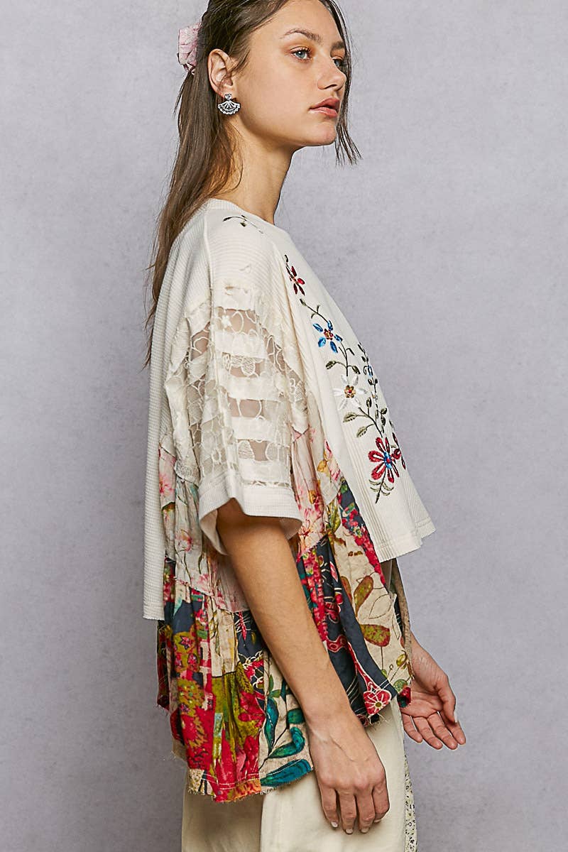 Boho Side Ruffle Detail Floral Embroidery Thermal Top