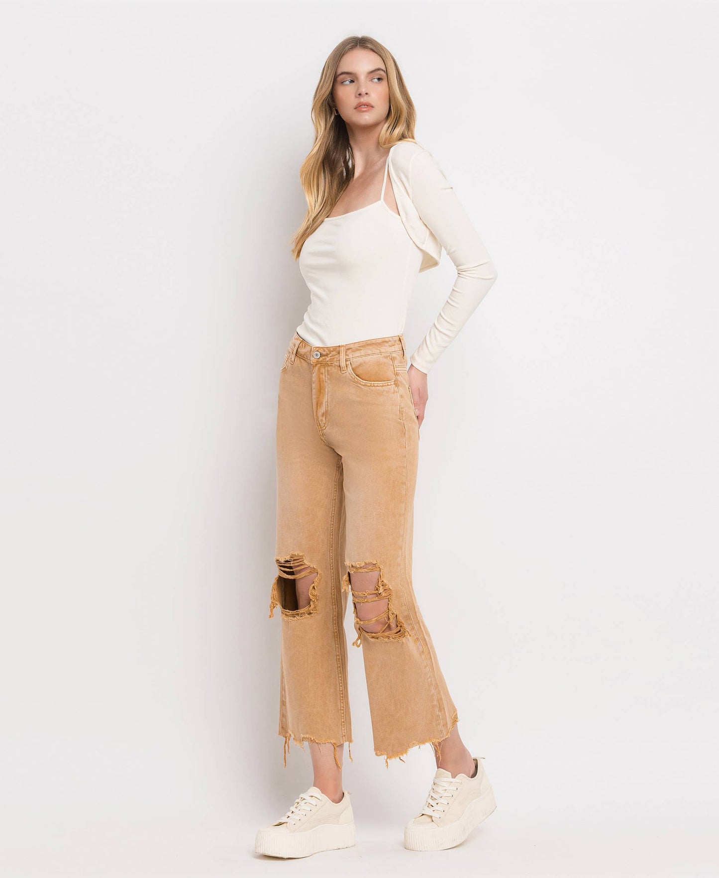 90'S VINTAGE SUPER HIGH RISE CROP FLARE JEANS IN GOLD
