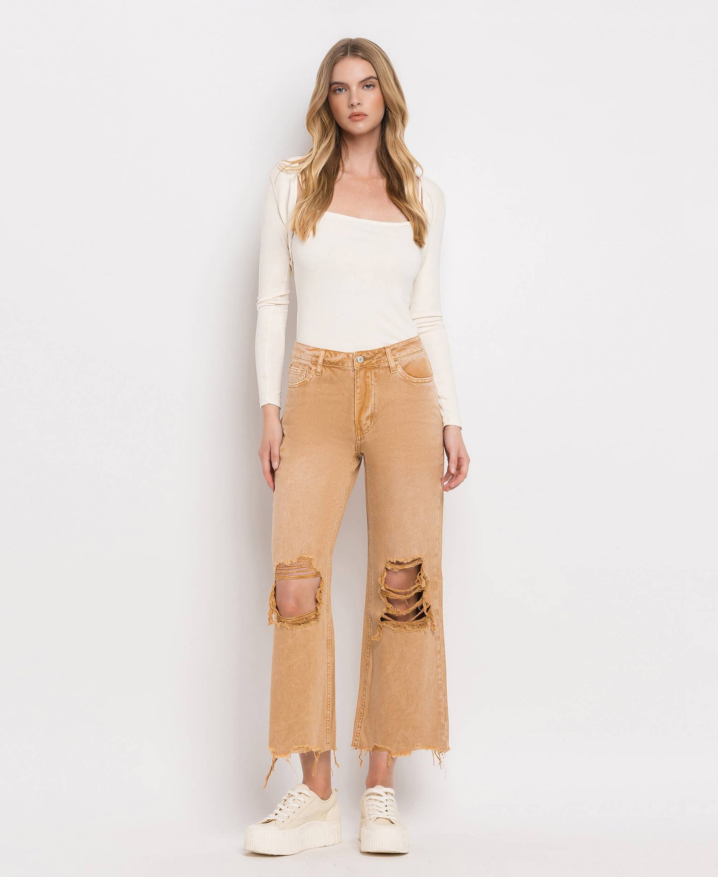 90'S VINTAGE SUPER HIGH RISE CROP FLARE JEANS IN GOLD