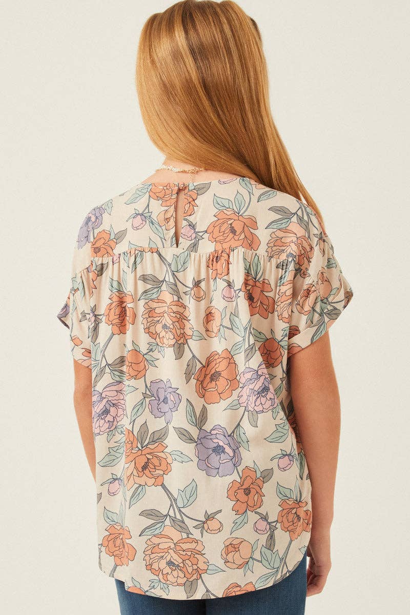 Girls Romantic Floral Tassled Short Sleeve Dolman