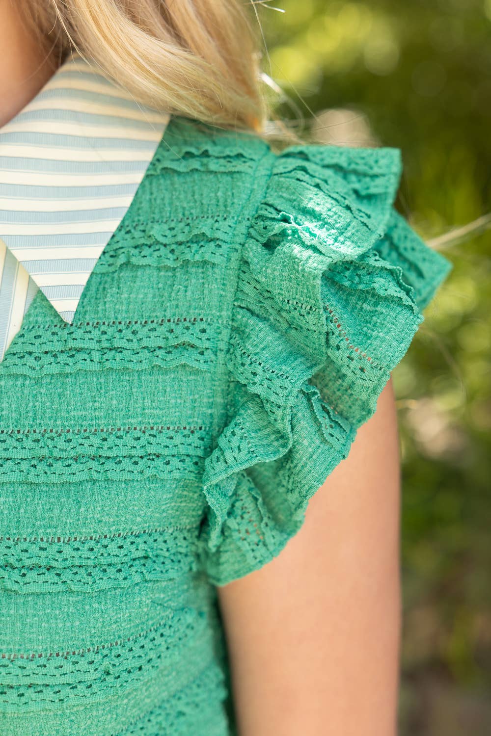 Stunning Stripe Detailed Ruffle Sleeve Textured Knit Top (Large Only)