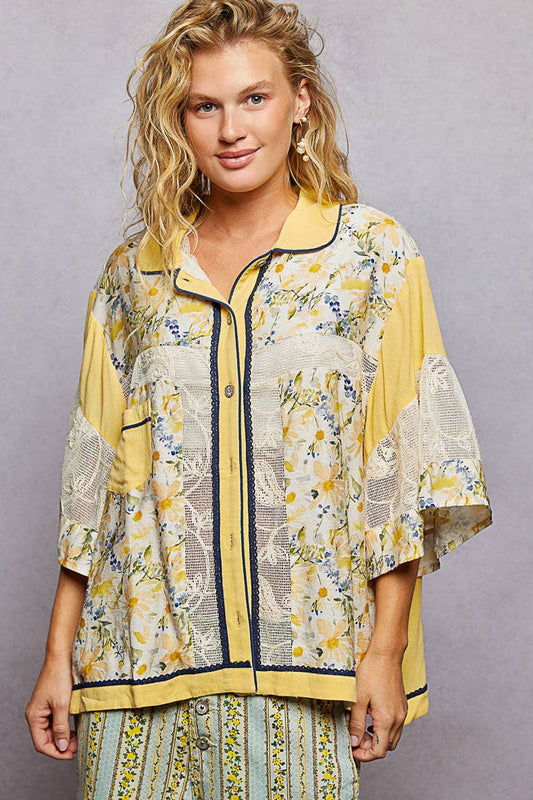 Short Sleeve Solid Floral Printed Button-Down Shirt Top