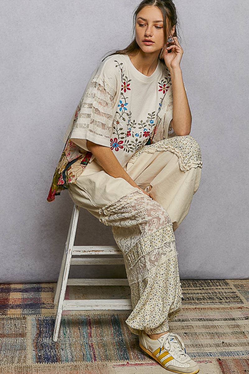 Boho Side Ruffle Detail Floral Embroidery Thermal Top