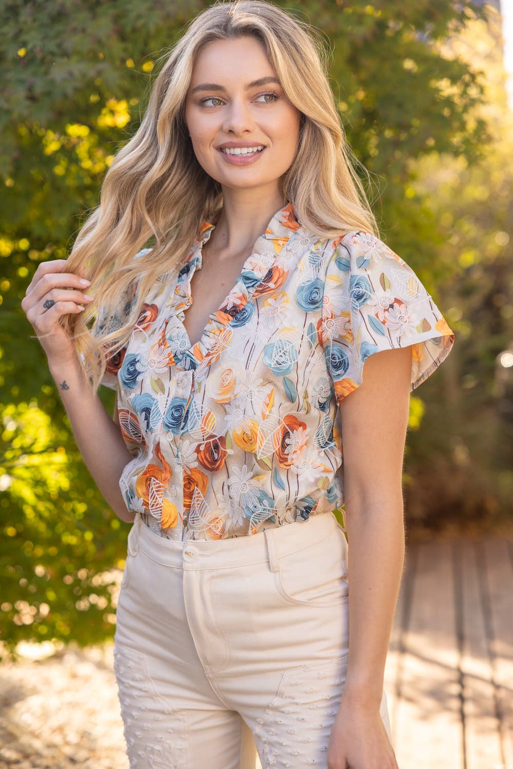 Pretty Peach Ruffle Button Down Floral Embroidered Print Top