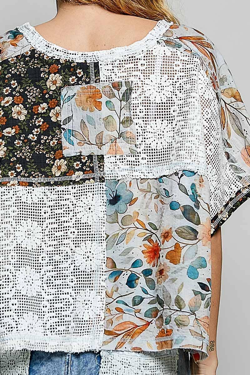 V-Neck Lace See Through Double Gauze Print Sleeveless