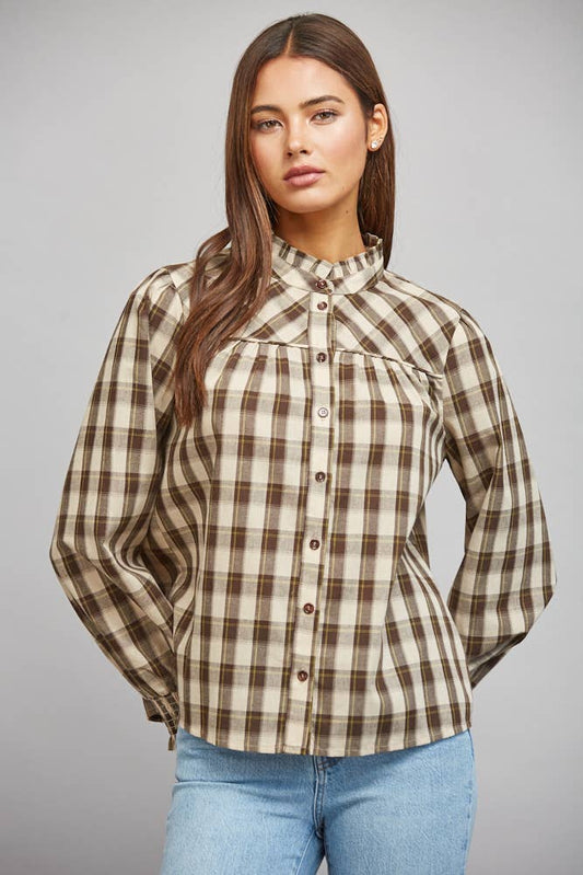 Cream and Cocoa Plaid Ruffle Blouse