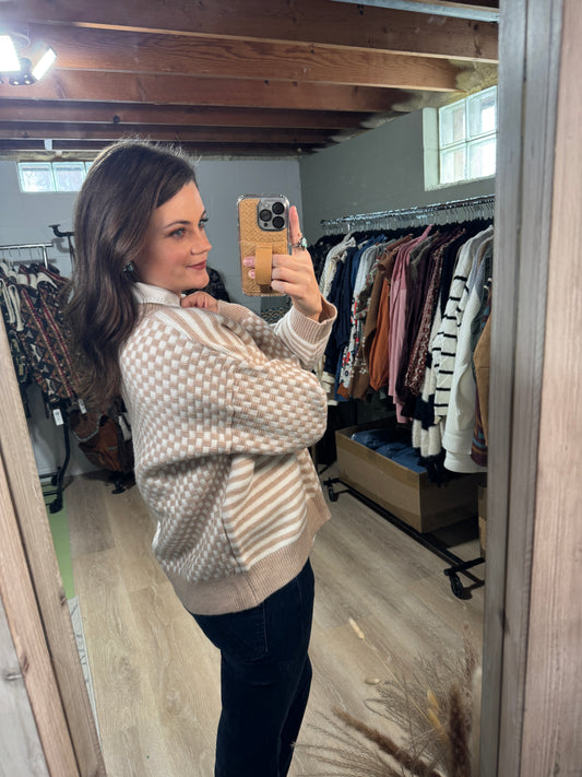 The Fabulous Frenchie Checkered Sweater in Taupe and Ivory