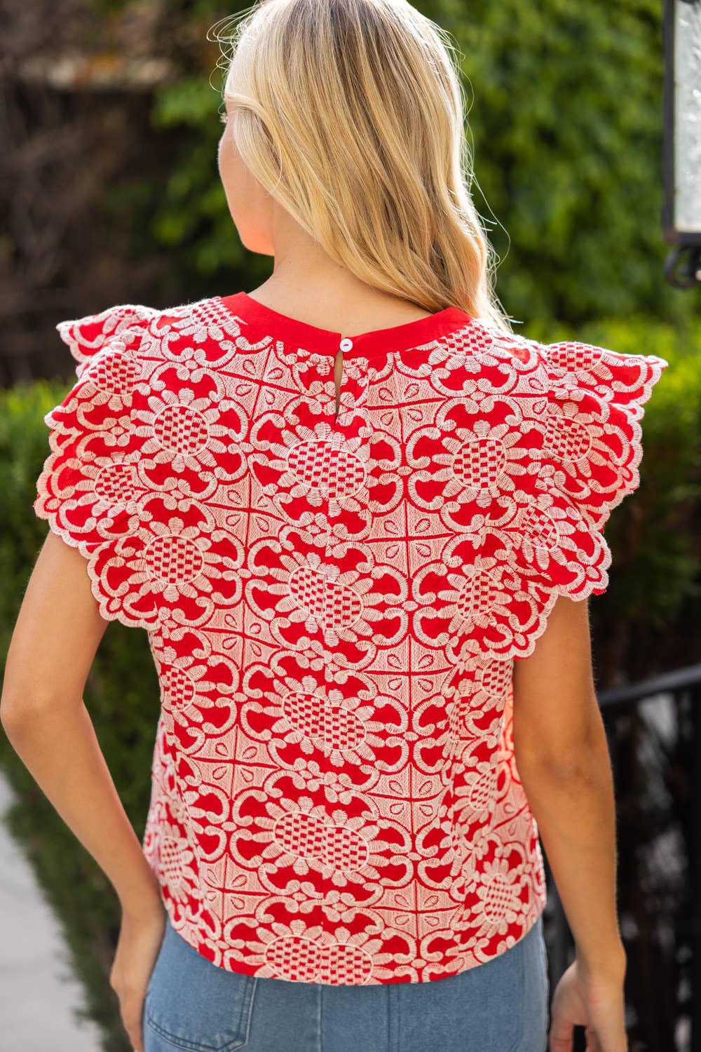 Scallop Ruffle Detail Floral Embroidered Top (Large Only)