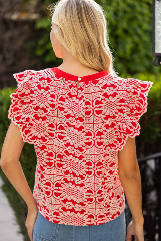 Scallop Ruffle Detail Floral Embroidered Top (Large Only)