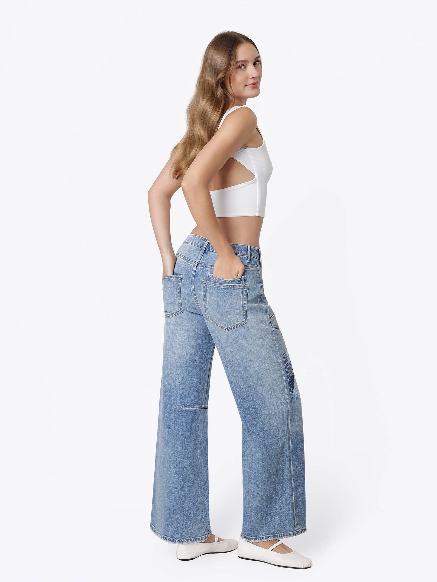 HIGH RISE PATCHWORK DETAIL WAIST TIE WIDE JEANS
