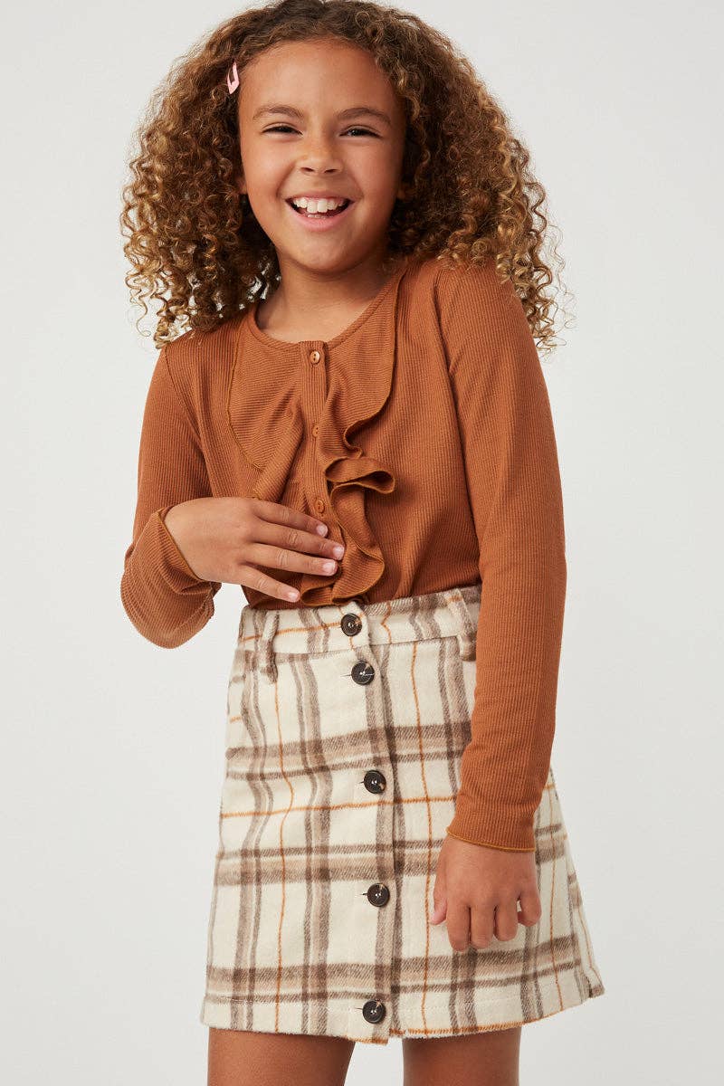 Girls Ruffle Front Buttoned Ribbed Knit Top