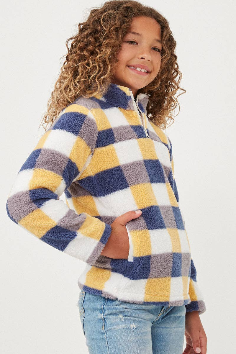 Girls Zip Up Mock Neck Plaid Fleece Top