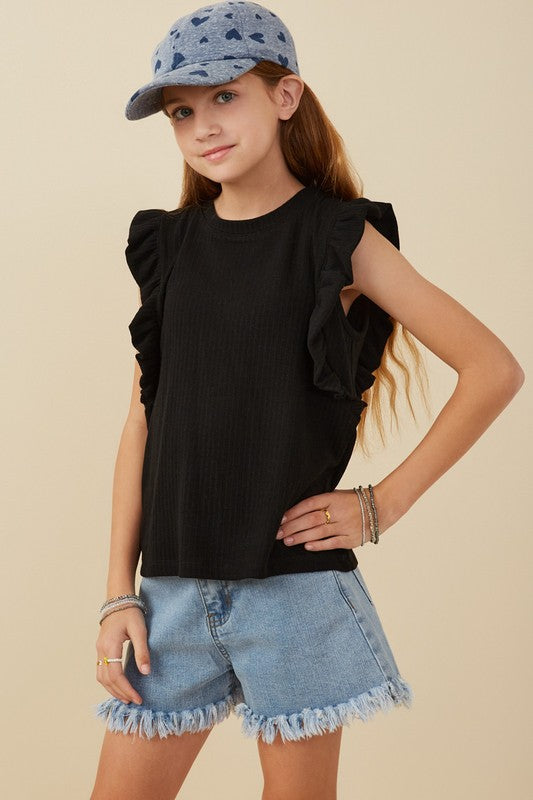 Girls Ribbed Ruffled Detail Knit Tank