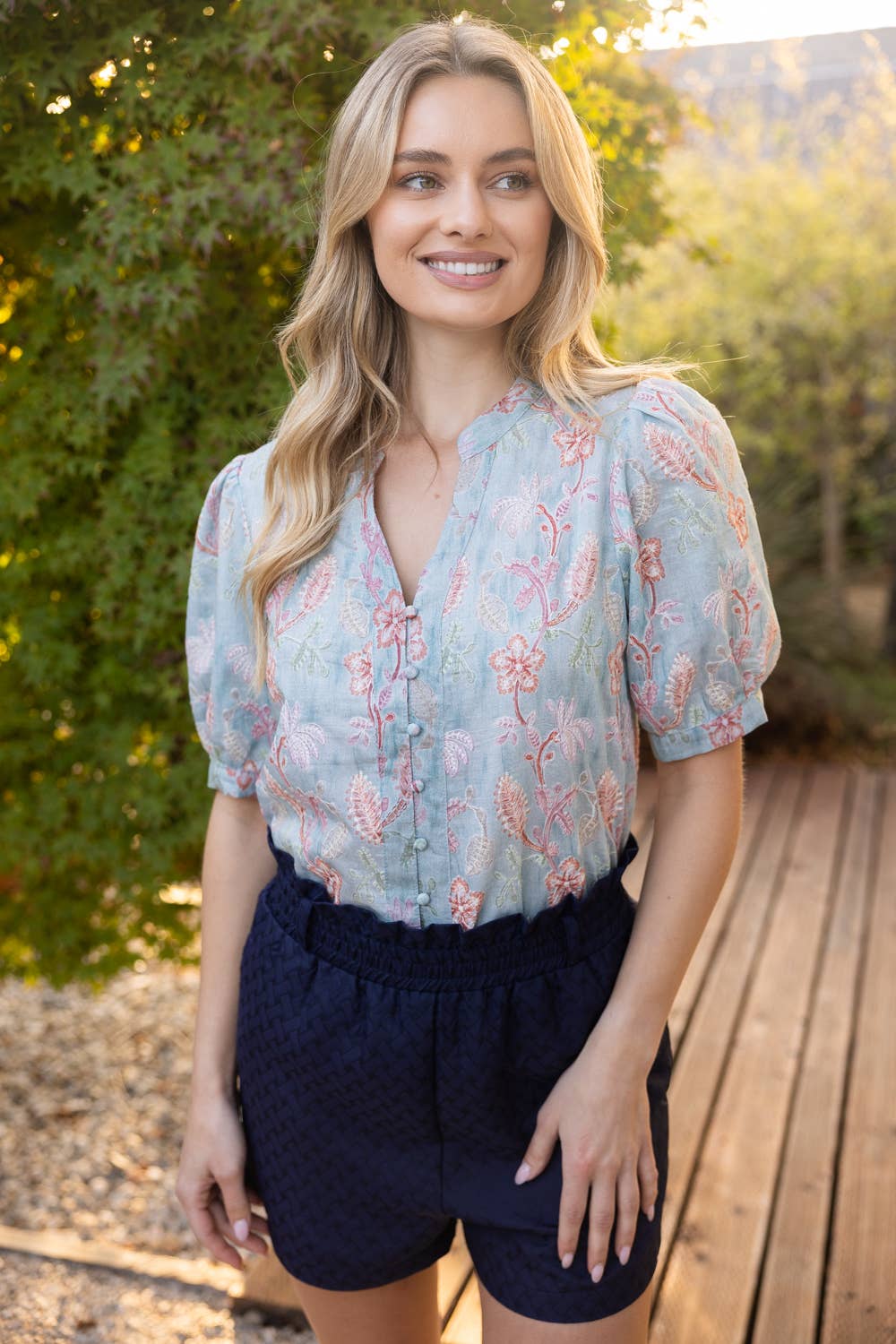 Floral Punch Embroidered Detail Button Down Top