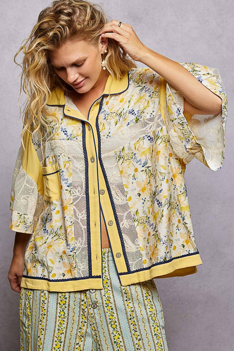 Short Sleeve Solid Floral Printed Button-Down Shirt Top