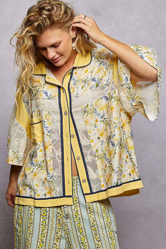 Short Sleeve Solid Floral Printed Button-Down Shirt Top