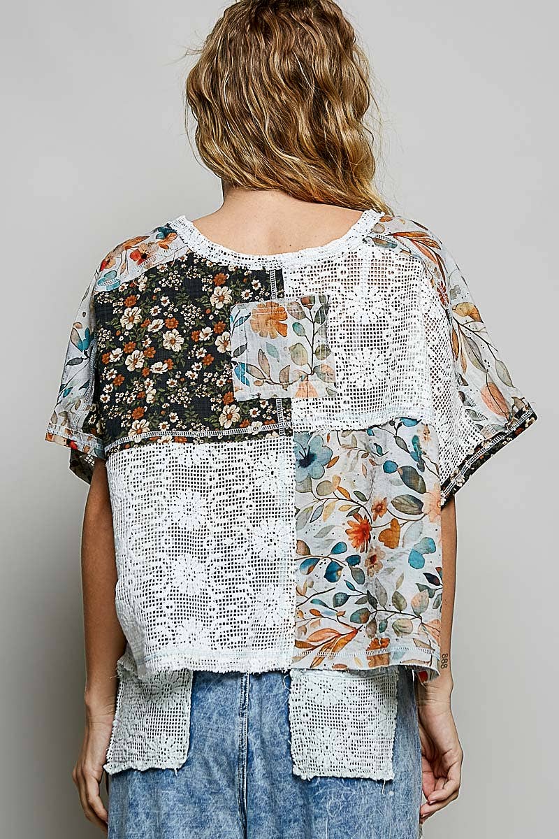 V-Neck Lace See Through Double Gauze Print Sleeveless