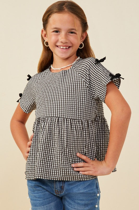 Girls Contrast Ribbon Gingham Babydoll Top