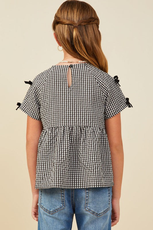 Girls Contrast Ribbon Gingham Babydoll Top