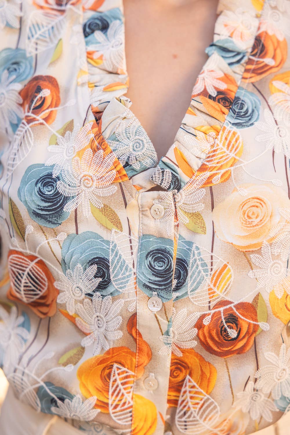 Pretty Peach Ruffle Button Down Floral Embroidered Print Top