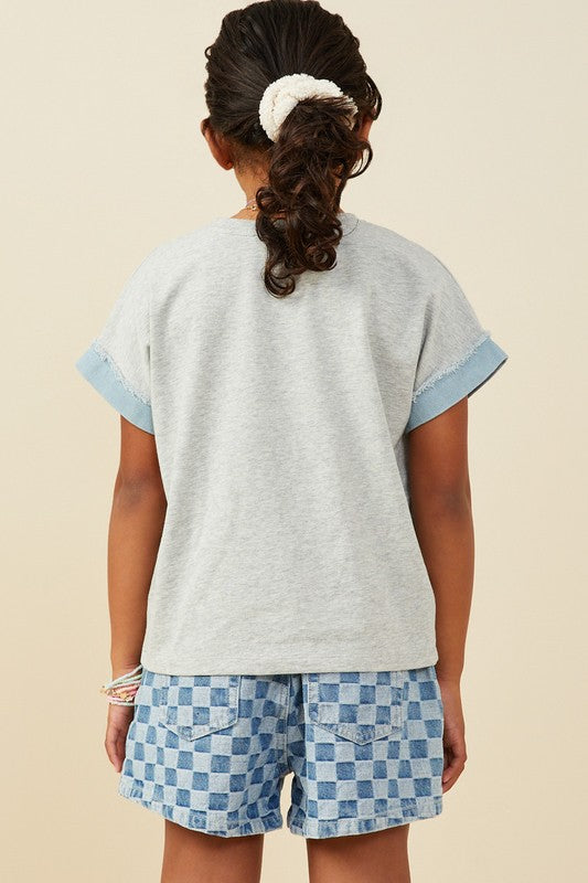 Girls Denim Star Patch Boxy Fit Knit T Shirt